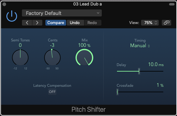 Pitch Shifter detuning vocals at -3 cents and 100% wet