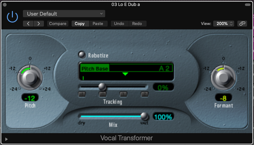 Logic's Vocal Transformer at -12 Pitch, -8 Formant, 100% Mix