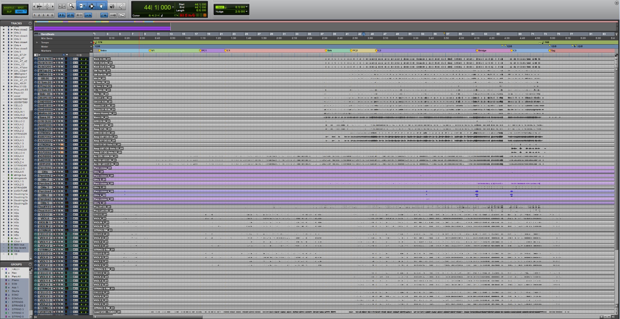 An uncoloured ProTools Session