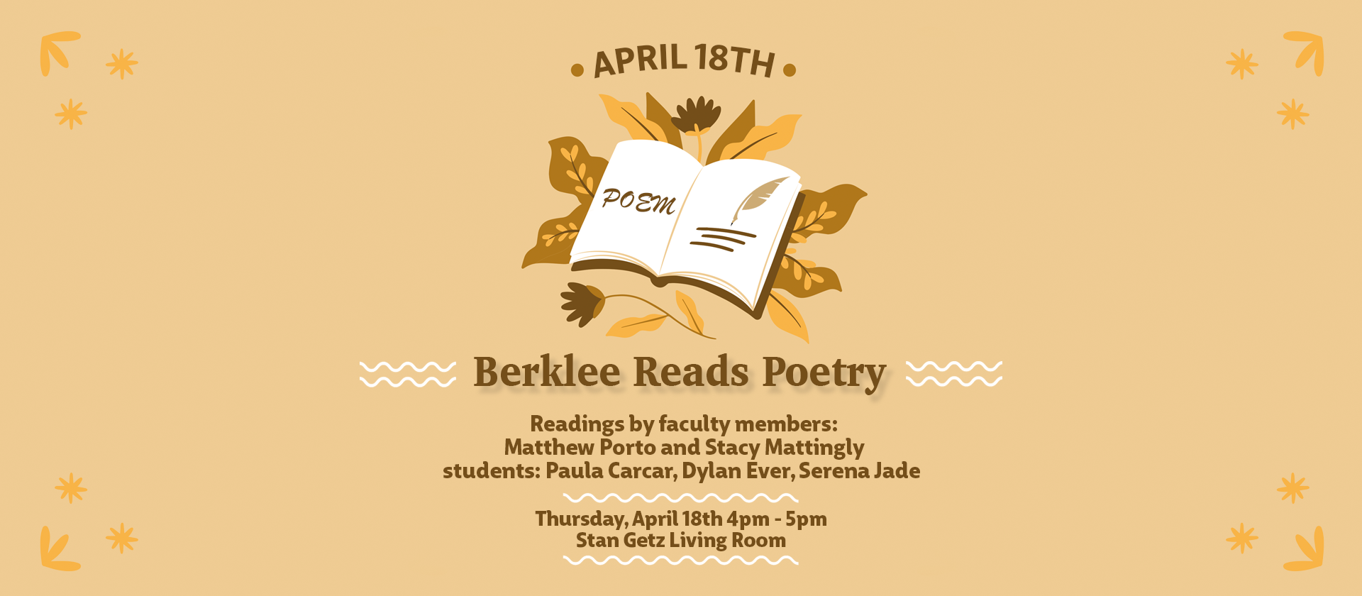 Berklee Reads Poetry! Join us on April 18th for a poetry reading at 4pm in the Stan Getz Library Living Room