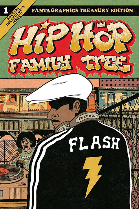 Comic book drawing of a DJ in the background spinning records, Grandmaster Flash in the foreground in a white hat and a black jacket that reads "Flash" with a lightening bolt