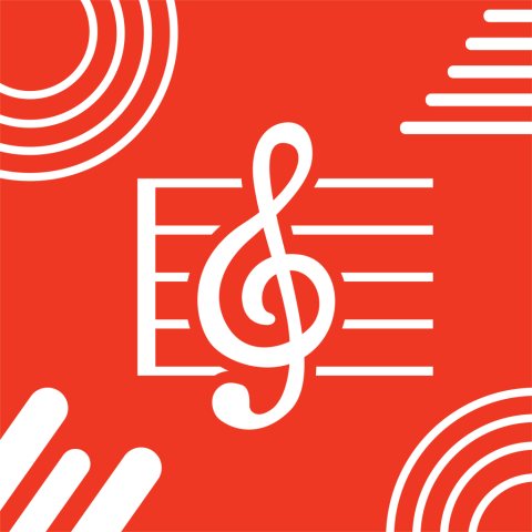 Image of a white treble clef and music staff on a red background