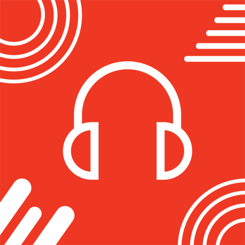 image of a white headphones icon over a red background