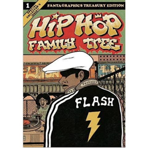Comic book drawing of a DJ in the background spinning records, Grandmaster Flash in the foreground in a white hat and a black jacket that reads "Flash" with a lightening bolt