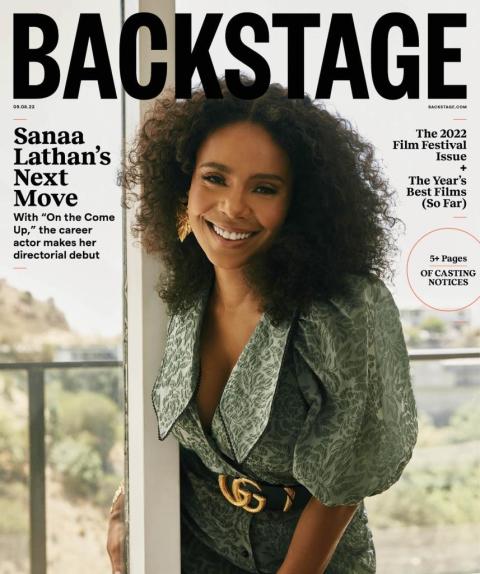 Sanaa Lathan standing, wearing a green dress and smiling. Headlines include "Backstage," "Backstage.com," "09.09.22," "Sanaa Lathan's Next Move: With On The Come Up, the career actor makes her directorial debut," "The 2022 Film Festival Issue," "The Year's Best Films (So Far)," "5+ Pages of Casting Notices"